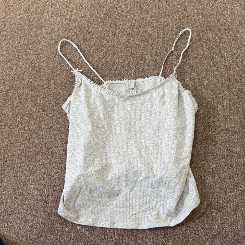 Skims Pointelle Cami Light Heather Grey Ribbed Lace Trim Tank Top 4X TPCAM-8060W